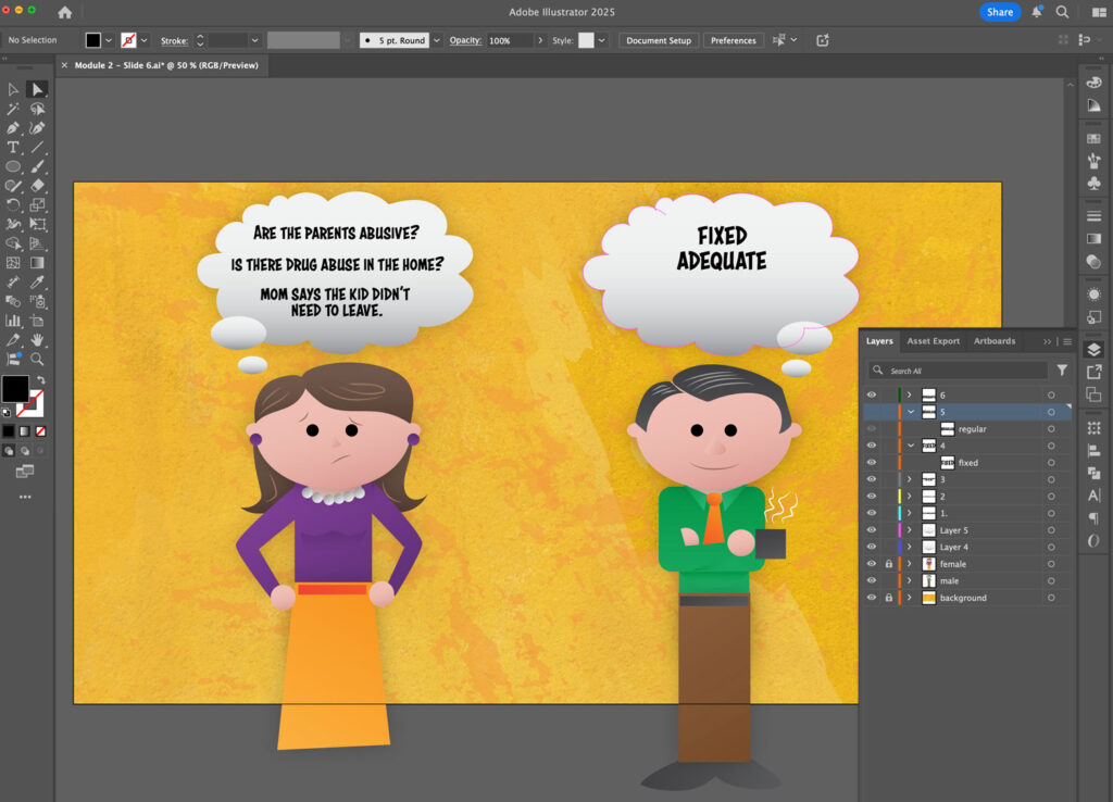 Screen shot of Adoble Illustrator while I developed the assets for animation.