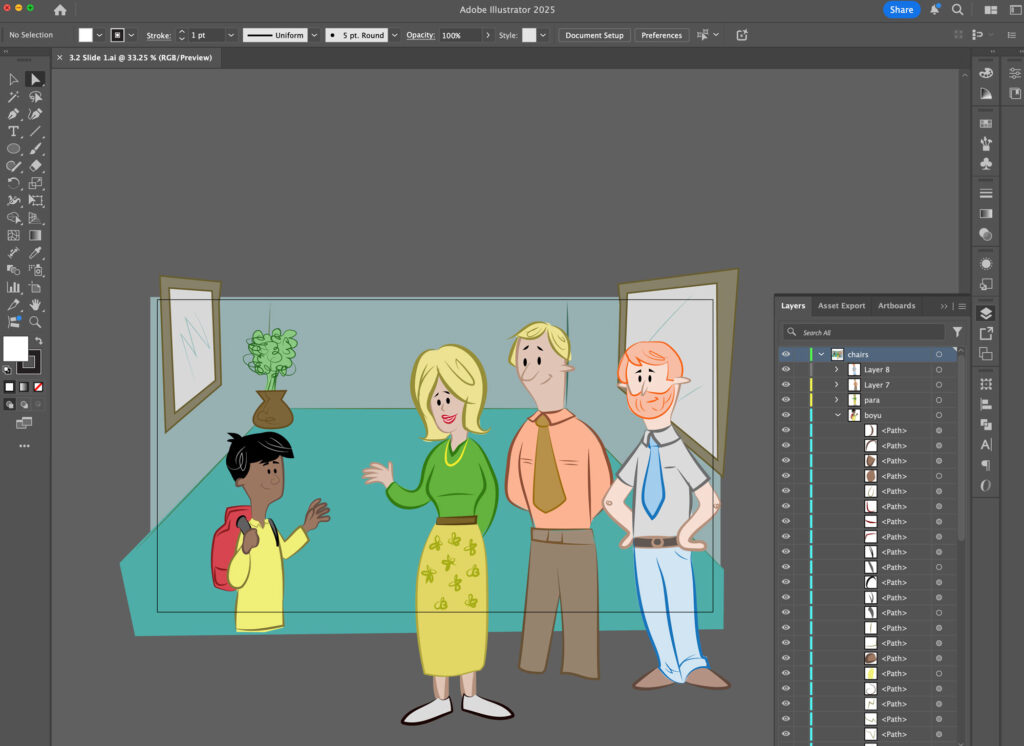 Screen shot of Adoble Illustrator while I developed the assets for animation.