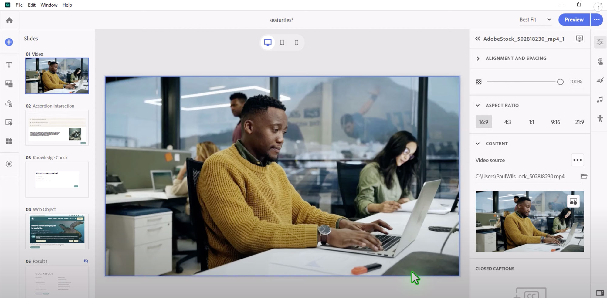 NDE-CaptivateScreenshot Screenshot of the interface of Adobe Captivate.